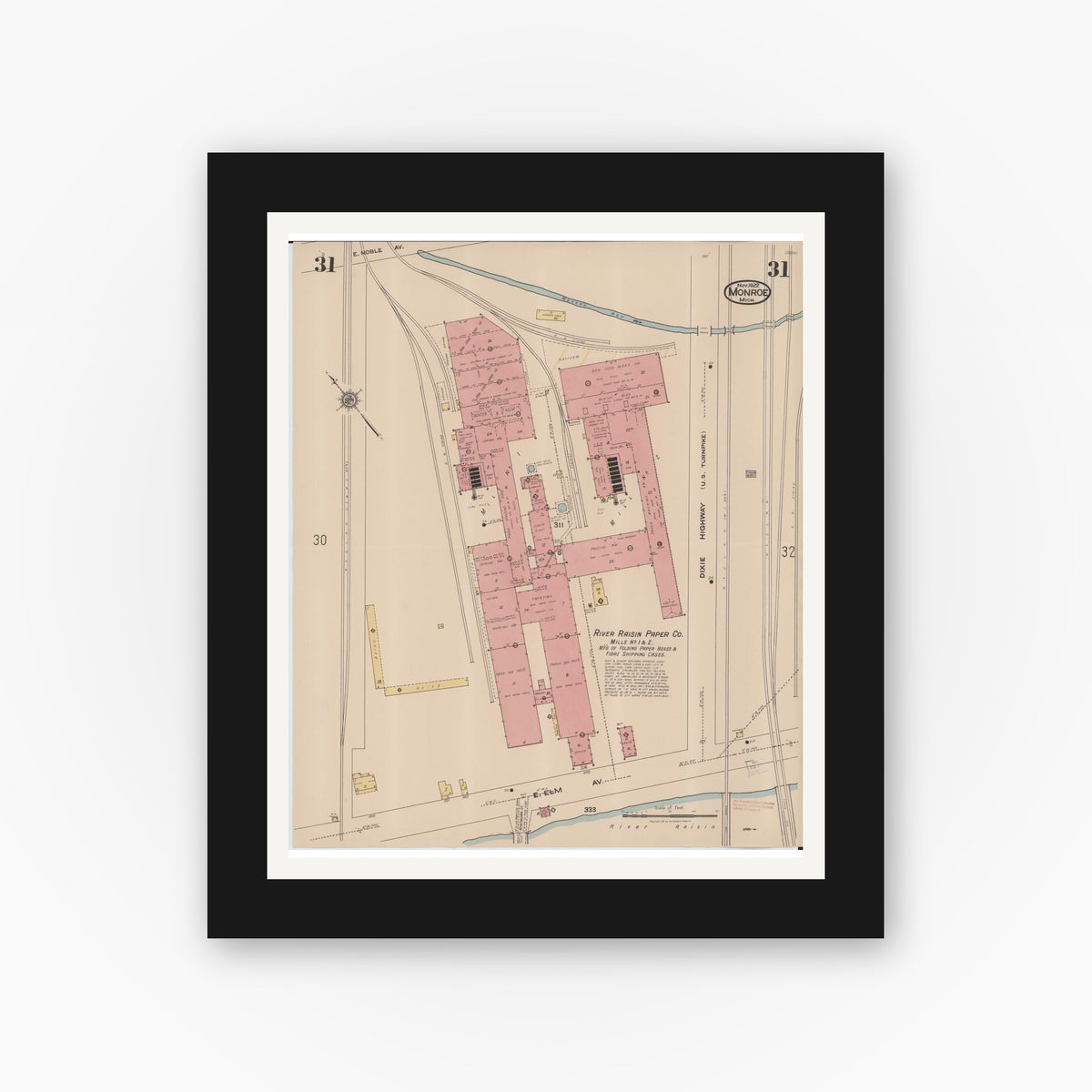 Old map wall art mockup — black gallery frame with white mat — Sanborn Fire Insurance Map from Monroe, Monroe County, Michigan (1922), Sheet #0031
