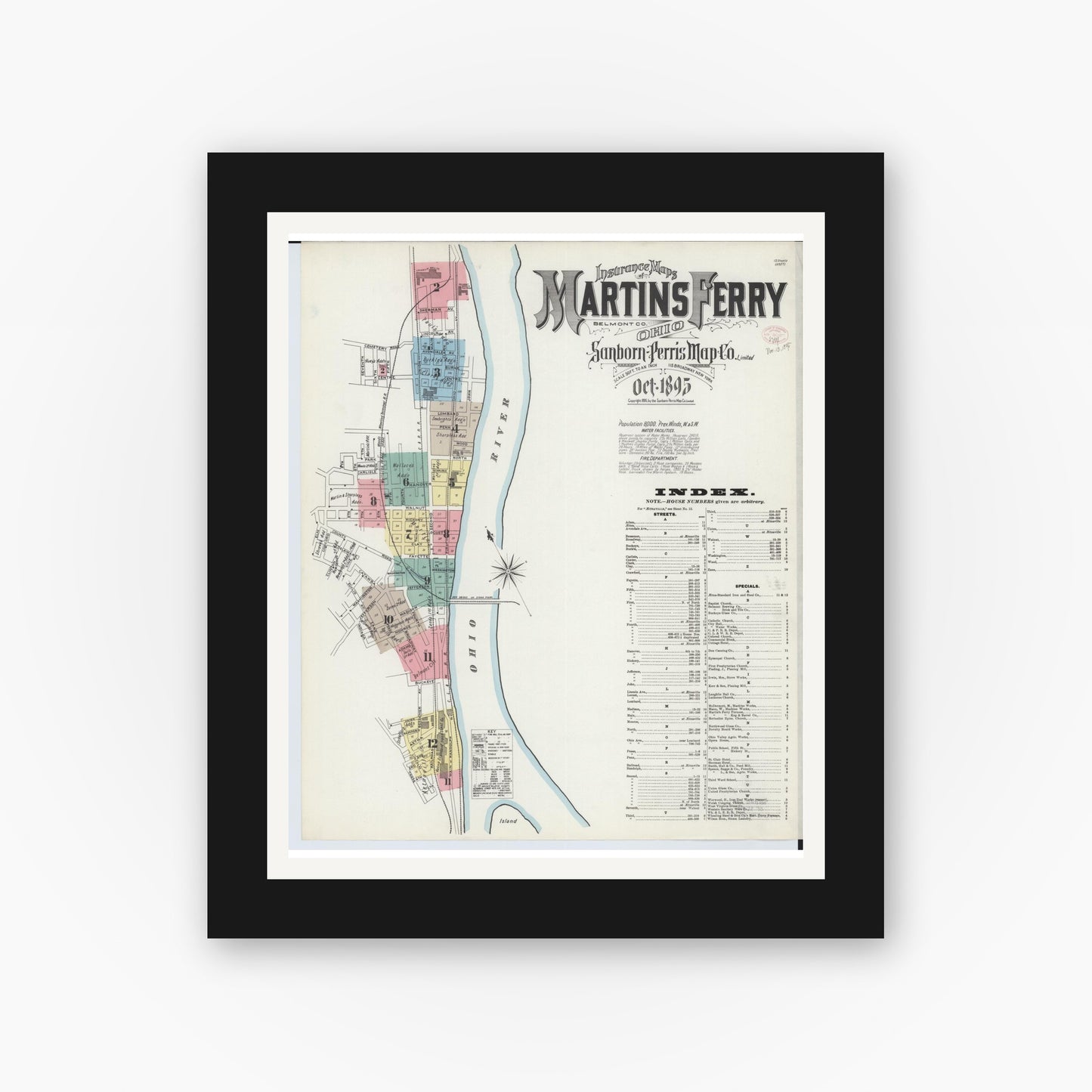 Old map wall art mockup — black gallery frame with white mat — Sanborn Fire Insurance Map from Martins Ferry, Belmont County, Ohio (1895), Sheet #0001