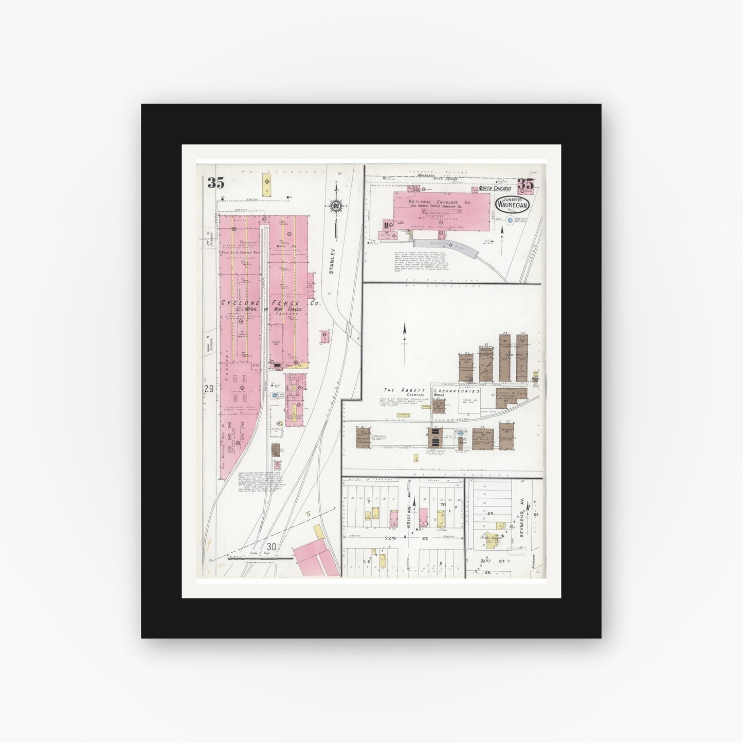 Old map wall art mockup — black gallery frame with white mat — Sanborn Fire Insurance Map from Waukegan, Lake County, Illinois (1924), Sheet #0035