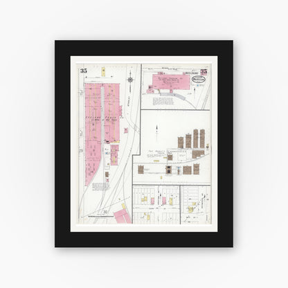 Old map wall art mockup — black gallery frame with white mat — Sanborn Fire Insurance Map from Waukegan, Lake County, Illinois (1924), Sheet #0035