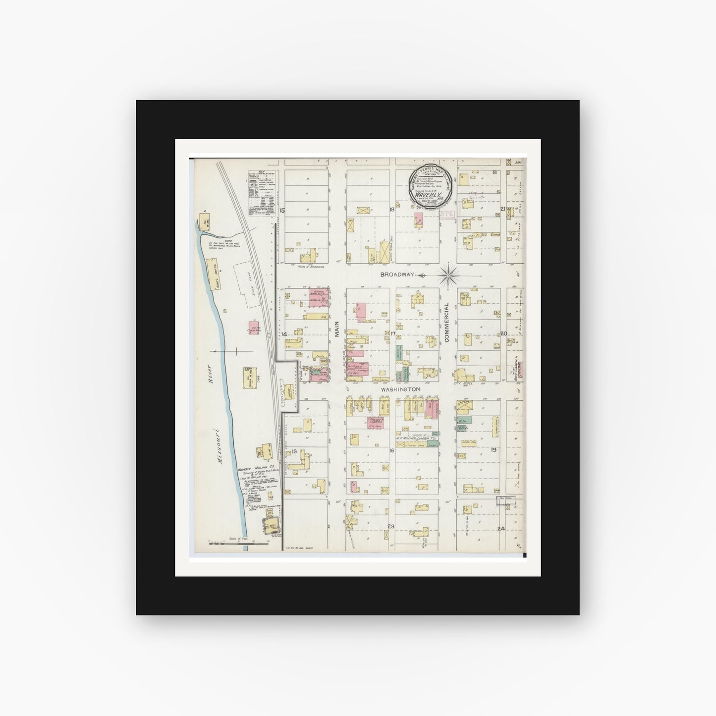 Old map wall art mockup — black gallery frame with white mat — Sanborn Fire Insurance Map from Waverly, Lafayette County, Missouri (1892), Sheet #0001