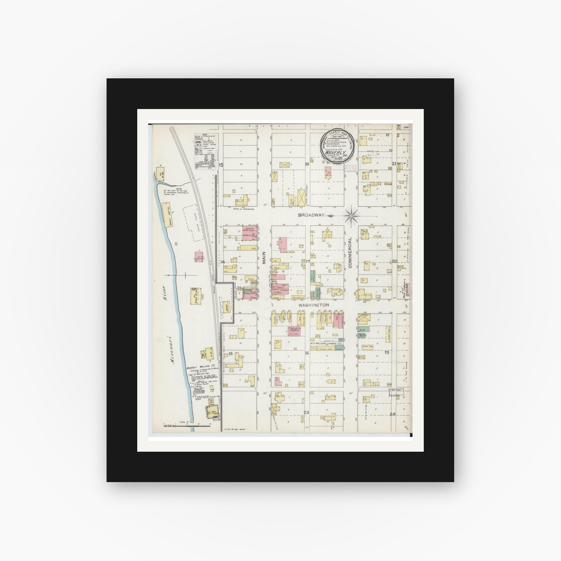 Old map wall art mockup — black gallery frame with white mat — Sanborn Fire Insurance Map from Waverly, Lafayette County, Missouri (1892), Sheet #0001