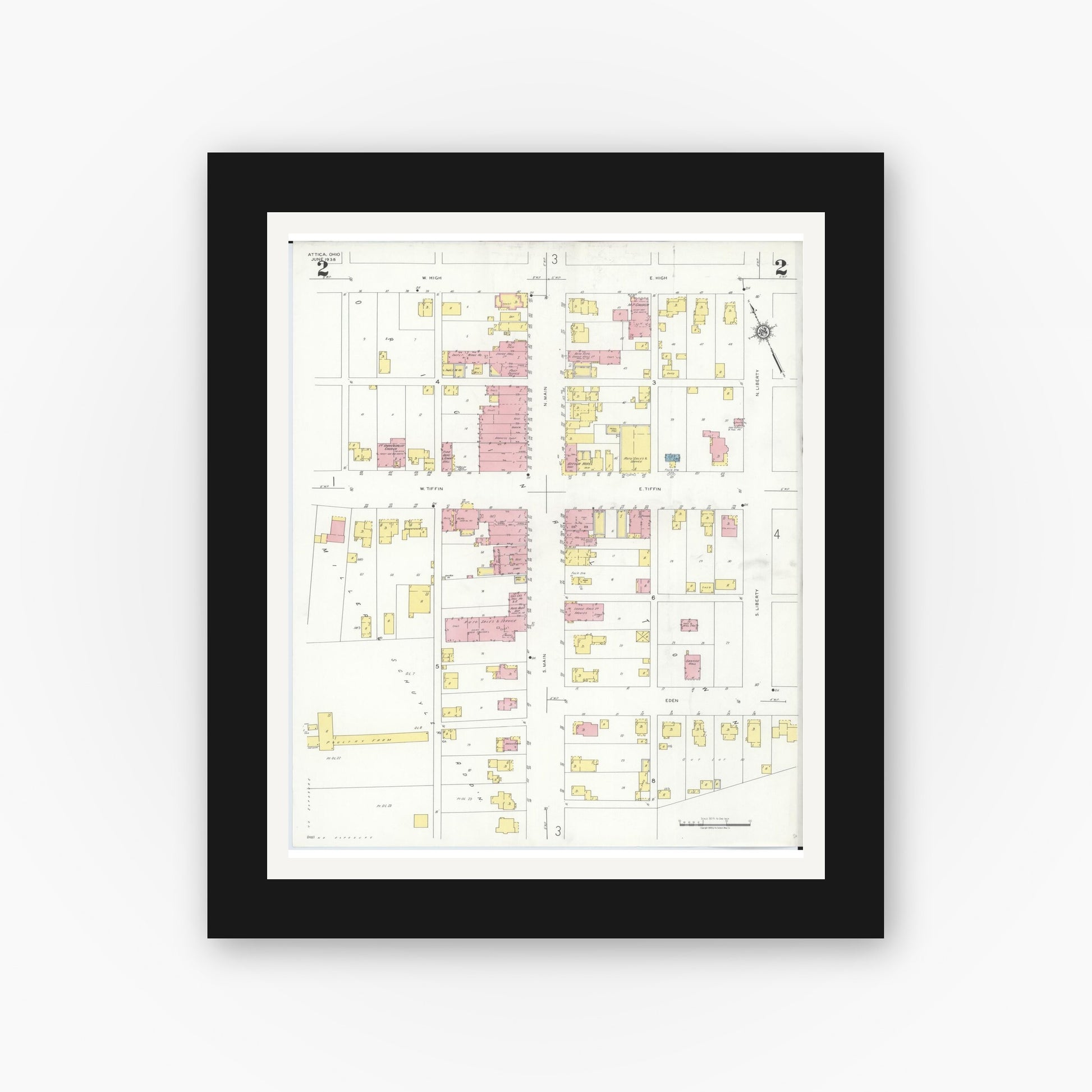 Old map wall art mockup — black gallery frame with white mat — Sanborn Fire Insurance Map from Attica, Seneca County, Ohio (1938), Sheet #0002