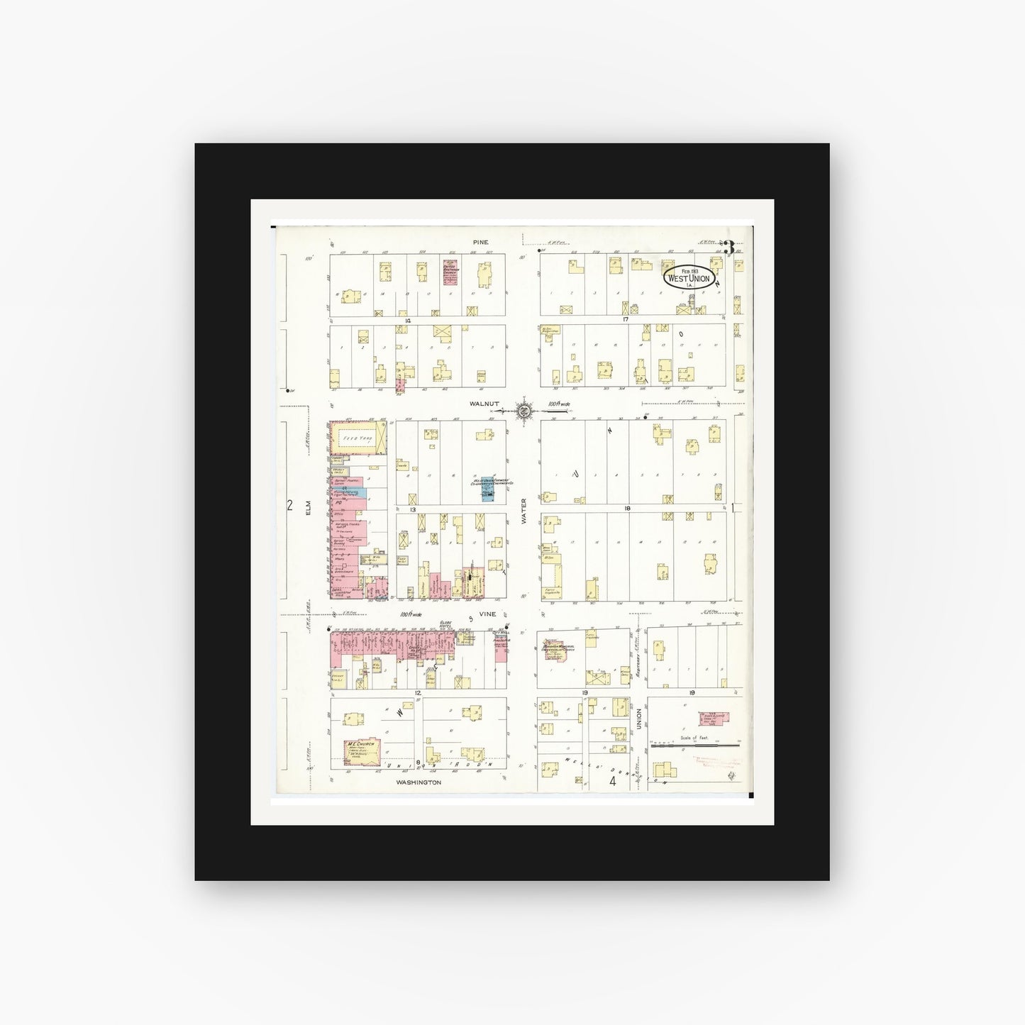 Old map wall art mockup — black gallery frame with white mat — Sanborn Fire Insurance Map from West Union, Fayette County, Iowa (1913), Sheet #0003