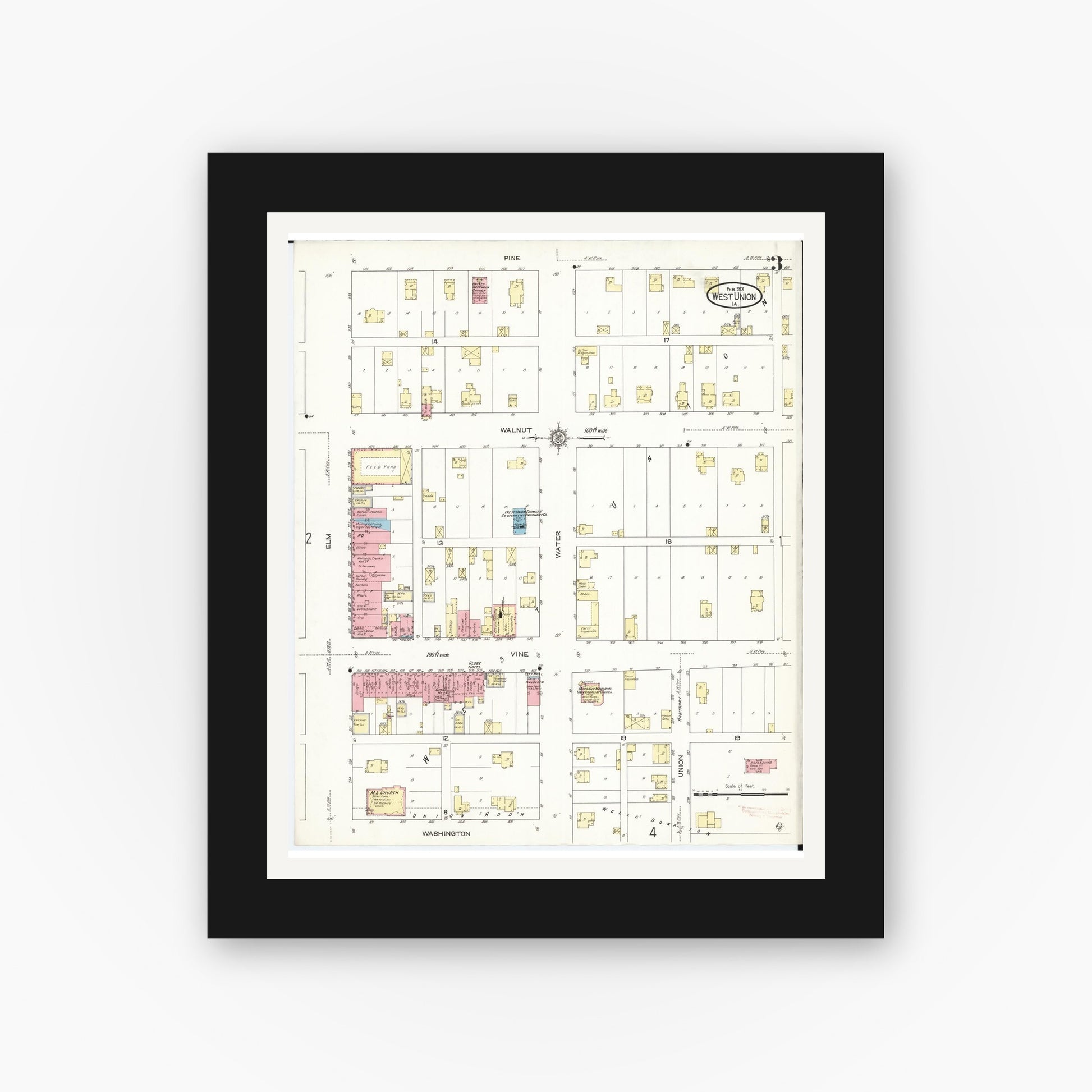 Old map wall art mockup — black gallery frame with white mat — Sanborn Fire Insurance Map from West Union, Fayette County, Iowa (1913), Sheet #0003