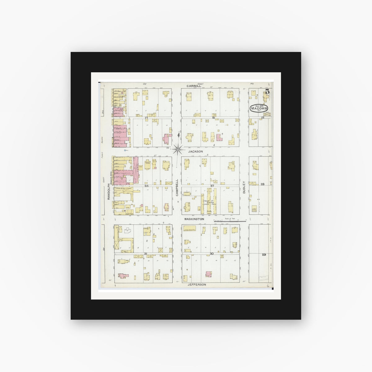 Old map wall art mockup — black gallery frame with white mat — Sanborn Fire Insurance Map from Macomb, Mcdonough County, Illinois (1892), Sheet #0005