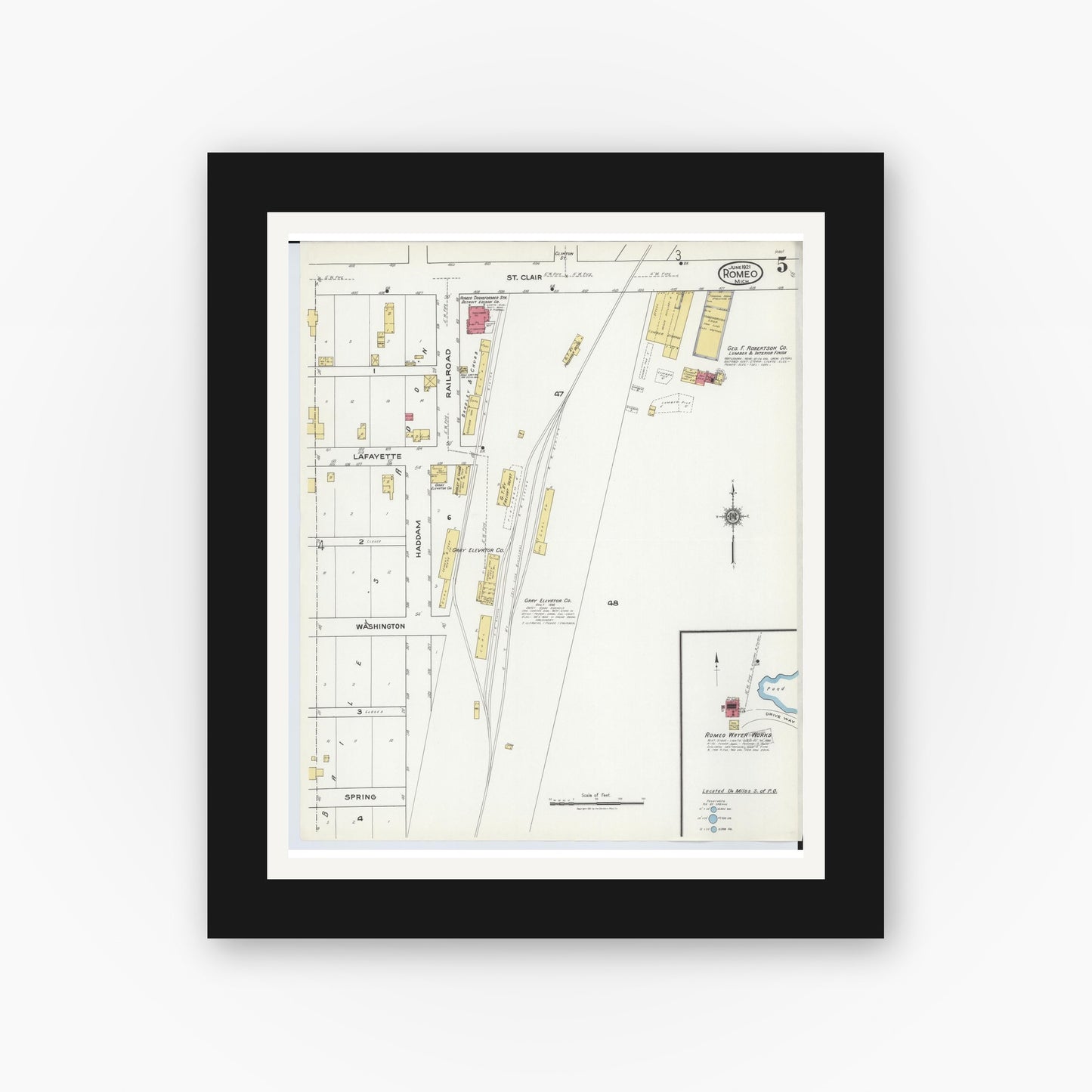 Old map wall art mockup — black gallery frame with white mat — Sanborn Fire Insurance Map from Romeo, Macomb County, Michigan (1921), Sheet #0005