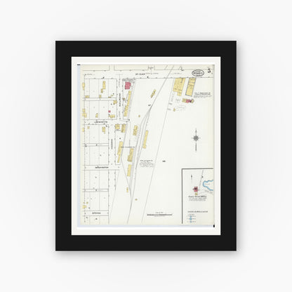 Old map wall art mockup — black gallery frame with white mat — Sanborn Fire Insurance Map from Romeo, Macomb County, Michigan (1921), Sheet #0005