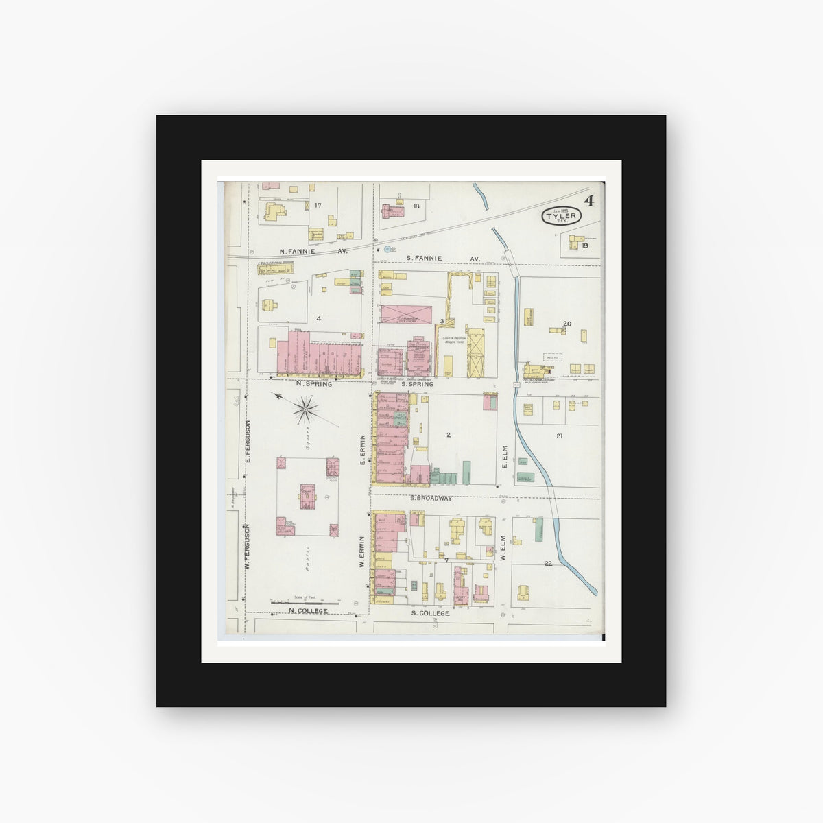Old map wall art mockup — black gallery frame with white mat — Sanborn Fire Insurance Map from Tyler, Smith County, Texas (1893), Sheet #0004