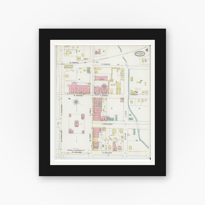 Old map wall art mockup — black gallery frame with white mat — Sanborn Fire Insurance Map from Tyler, Smith County, Texas (1893), Sheet #0004