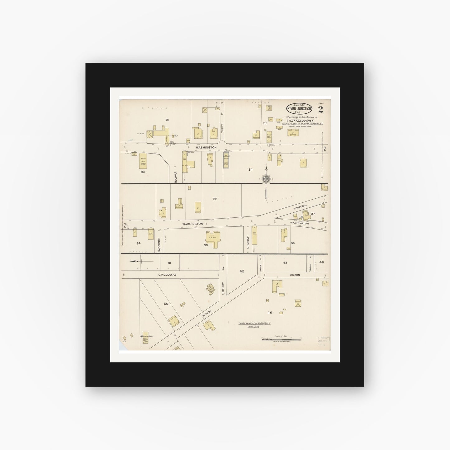 Old map wall art mockup — black gallery frame with white mat — Sanborn Fire Insurance Map from River Junction, Gadsden County, Florida (1922), Sheet #0002