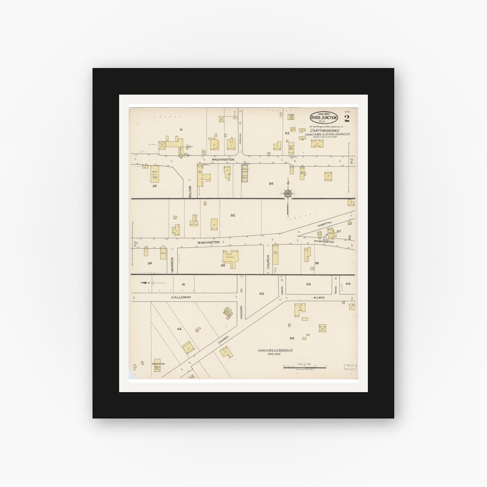 Old map wall art mockup — black gallery frame with white mat — Sanborn Fire Insurance Map from River Junction, Gadsden County, Florida (1922), Sheet #0002
