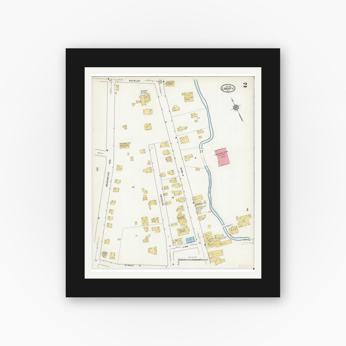 Old map wall art mockup — black gallery frame with white mat — Sanborn Fire Insurance Map from Liberty, Sullivan County, New York (1916), Sheet #0002