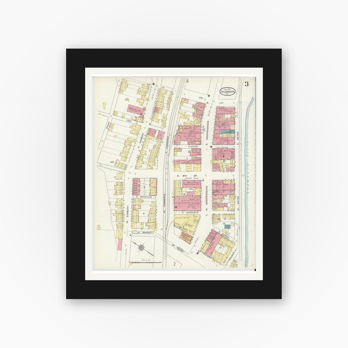 Old map wall art mockup — black gallery frame with white mat — Sanborn Fire Insurance Map from Shamokin, Northumberland County, Pennsylvania (1913), Sheet #0003