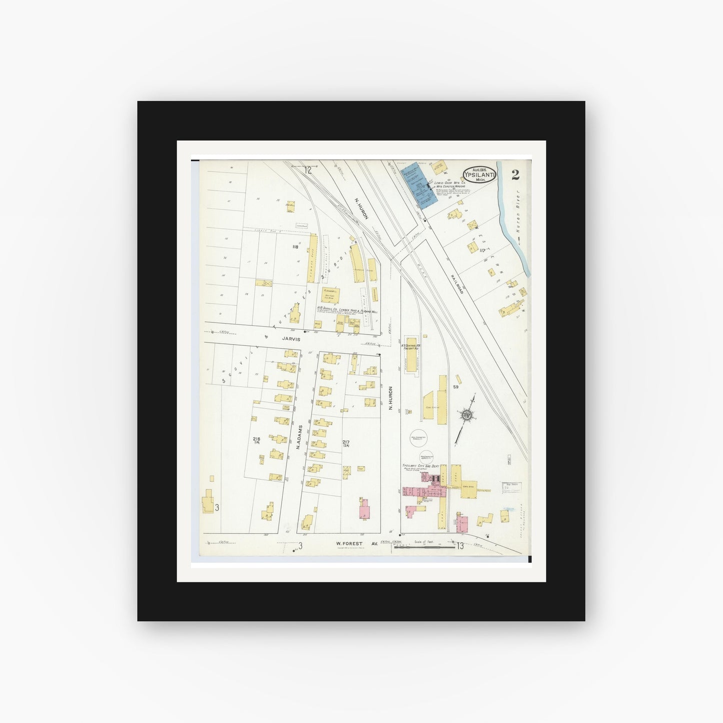 Old map wall art mockup — black gallery frame with white mat — Sanborn Fire Insurance Map from Ypsilanti, Washtenaw County, Michigan (1916), Sheet #0002