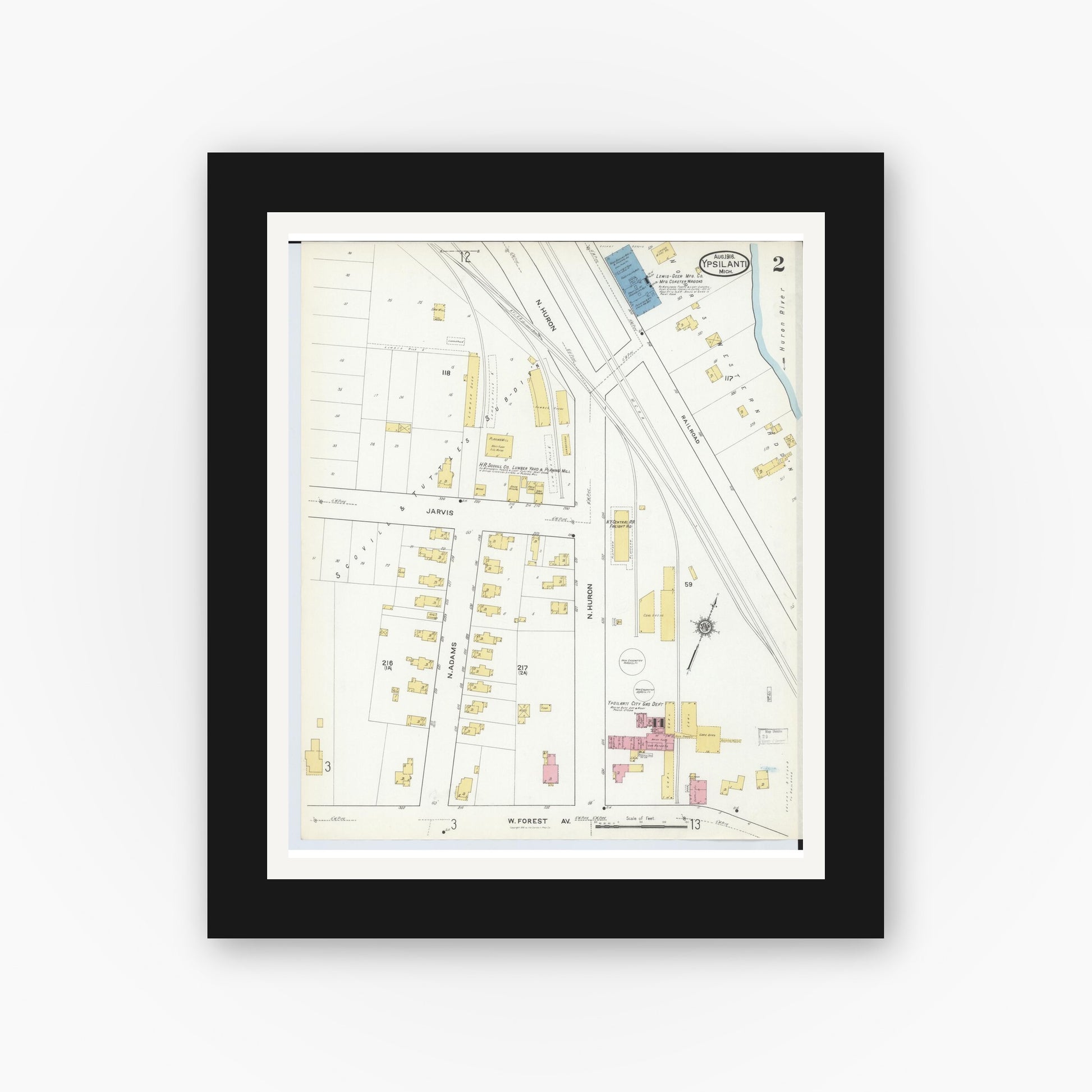 Old map wall art mockup — black gallery frame with white mat — Sanborn Fire Insurance Map from Ypsilanti, Washtenaw County, Michigan (1916), Sheet #0002