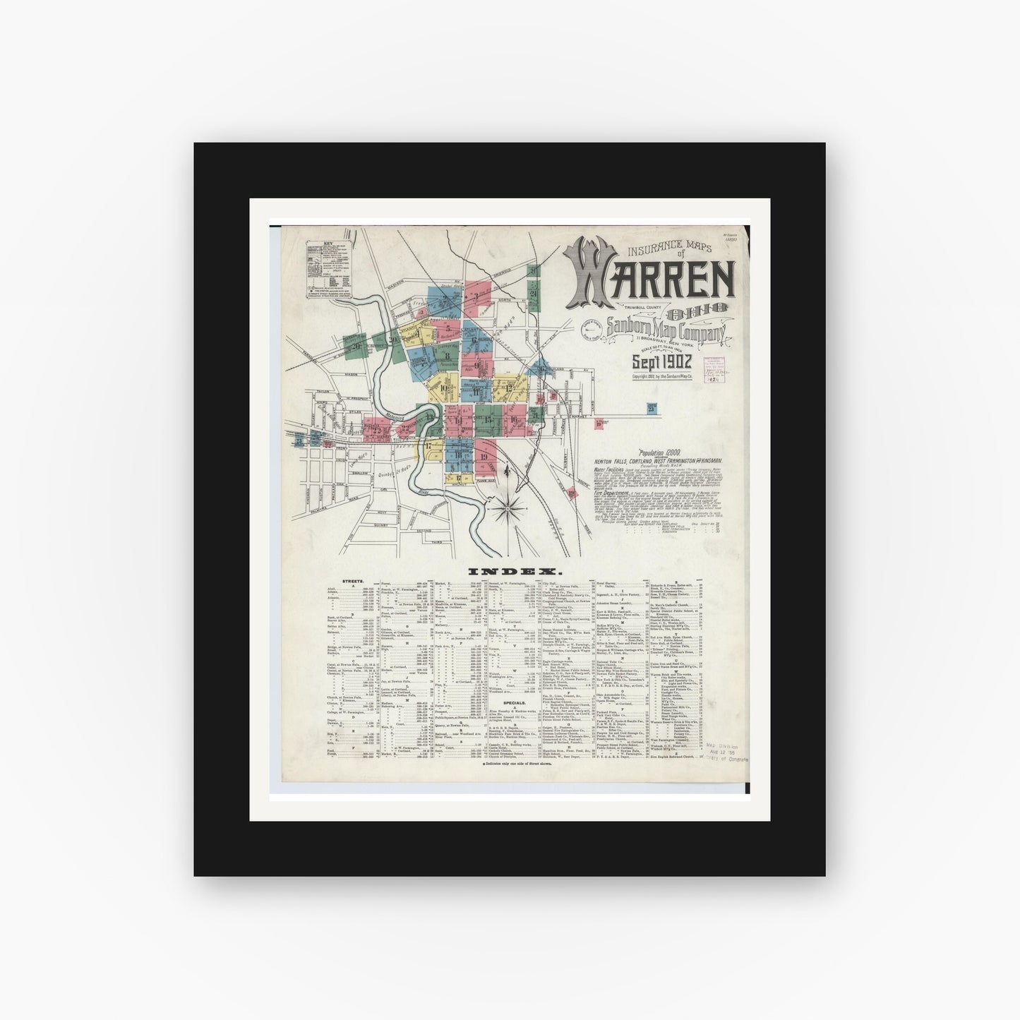 Old map wall art mockup — black gallery frame with white mat — Sanborn Fire Insurance Map from Warren, Trumbull County, Ohio (1902), Sheet #0001