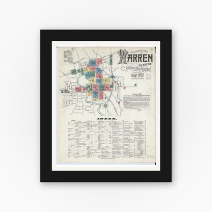 Old map wall art mockup — black gallery frame with white mat — Sanborn Fire Insurance Map from Warren, Trumbull County, Ohio (1902), Sheet #0001