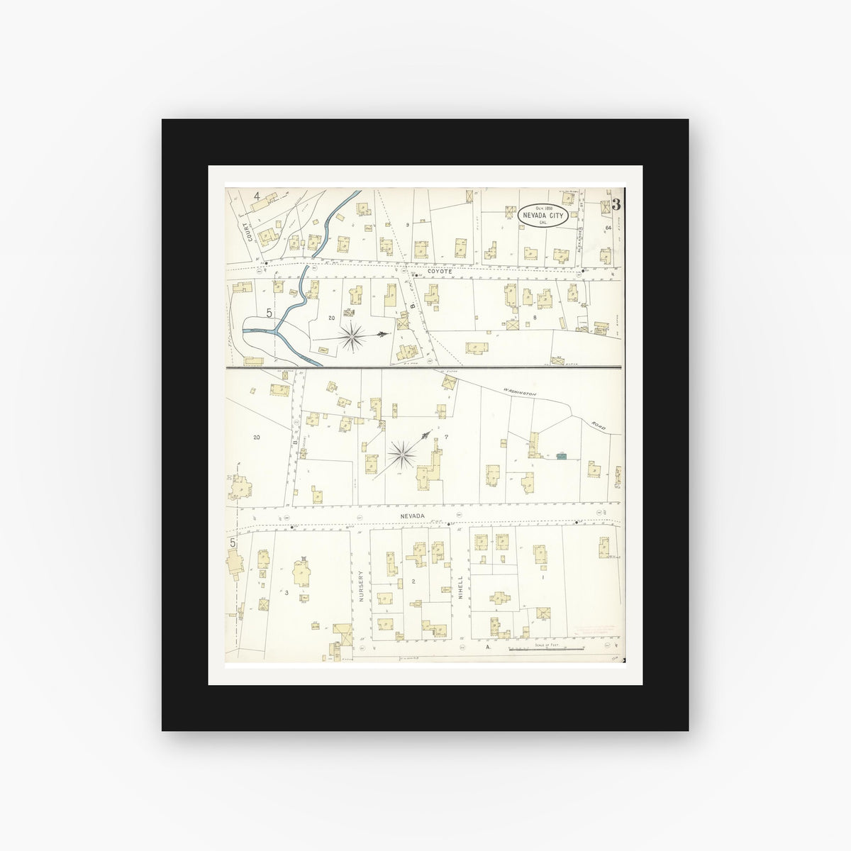 Old map wall art mockup — black gallery frame with white mat — Sanborn Fire Insurance Map from Nevada City, Nevada County, California (1898), Sheet #0003