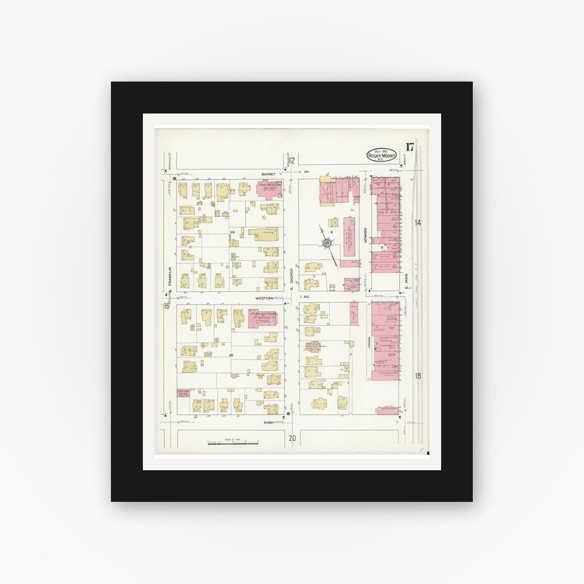 Old map wall art mockup — black gallery frame with white mat — Sanborn Fire Insurance Map from Rocky Mount, Edgecombe And Nash Counties, North Carolina (1912), Sheet #0017