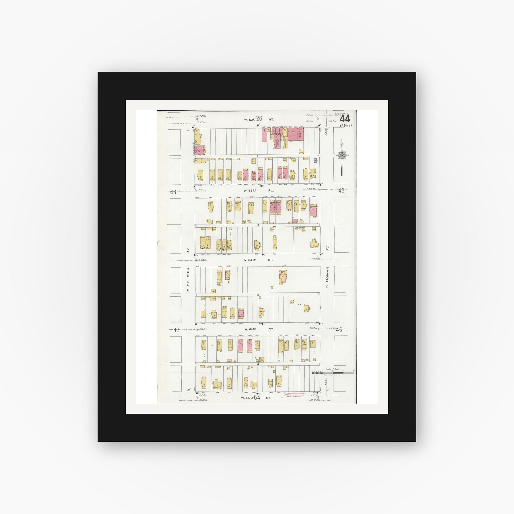 Old map wall art mockup — black gallery frame with white mat — Sanborn Fire Insurance Map from Chicago, Cook County, Illinois (1920), Sheet #0044