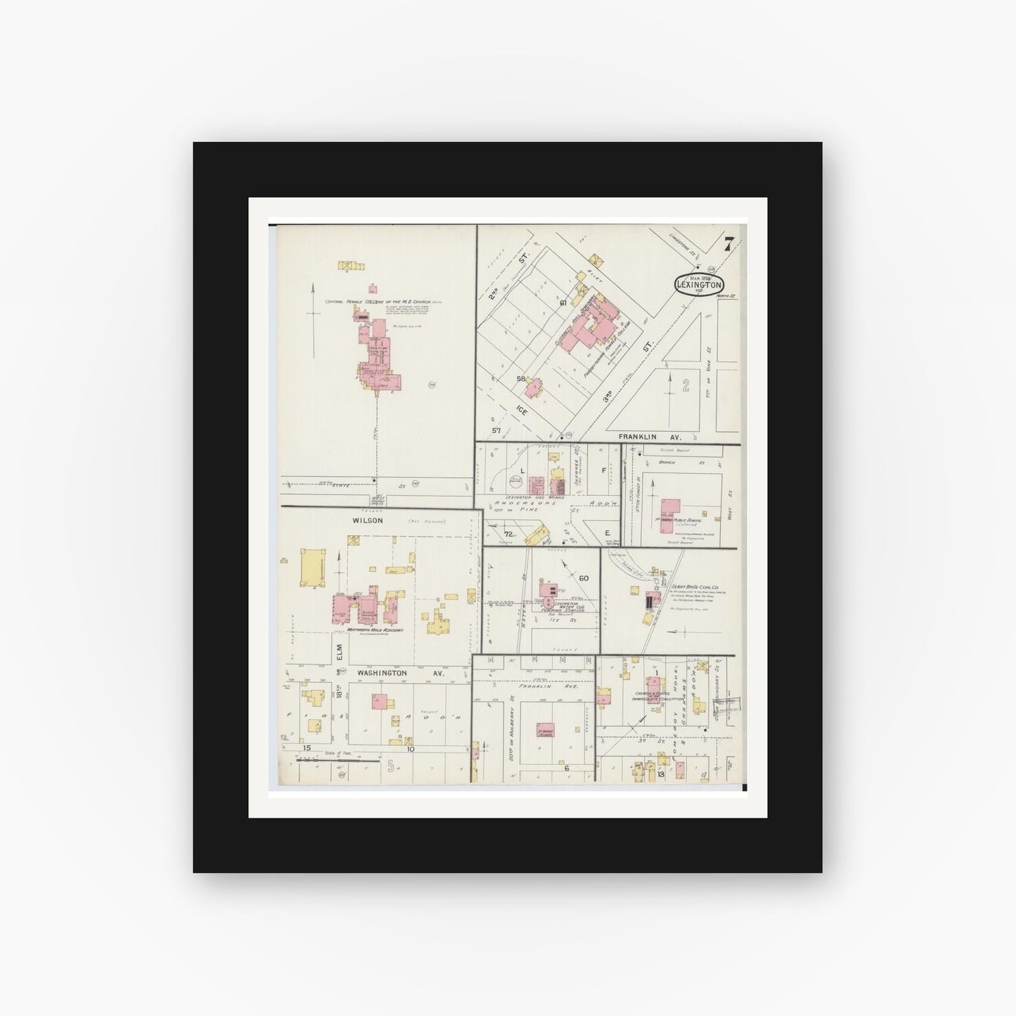 Old map wall art mockup — black gallery frame with white mat — Sanborn Fire Insurance Map from Lexington, Lafayette County, Missouri (1894), Sheet #0007