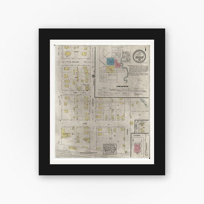 Old map wall art mockup — black gallery frame with white mat — Sanborn Fire Insurance Map from Avoca, Pottawattamie County, Iowa (1920) â€” Complete Set