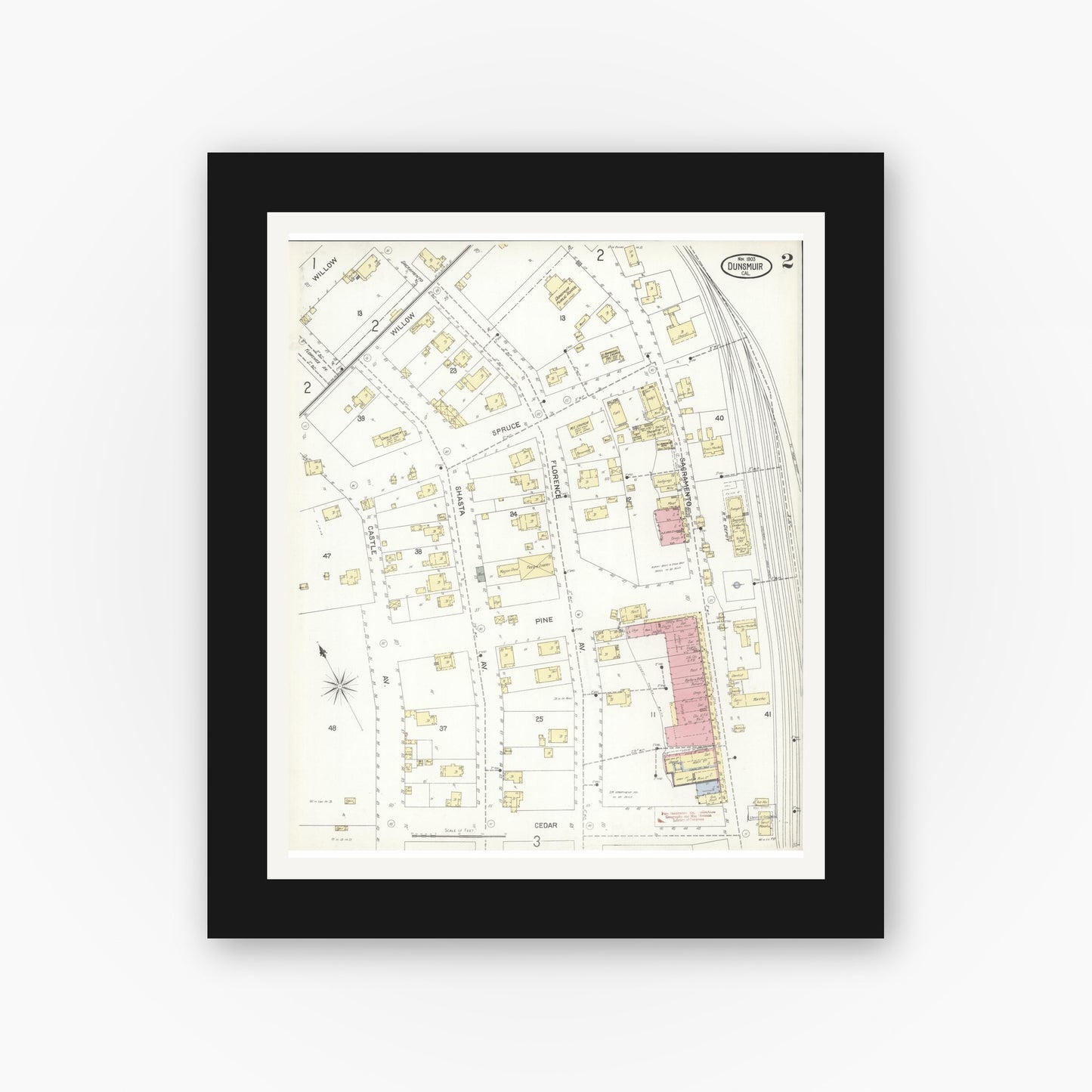 Old map wall art mockup — black gallery frame with white mat — Sanborn Fire Insurance Map from Dunsmuir, Siskiyou County, California (1903), Sheet #0002