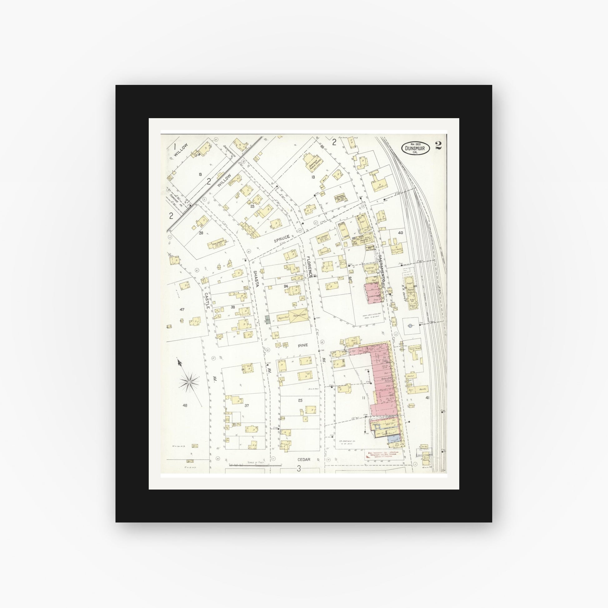 Old map wall art mockup — black gallery frame with white mat — Sanborn Fire Insurance Map from Dunsmuir, Siskiyou County, California (1903), Sheet #0002