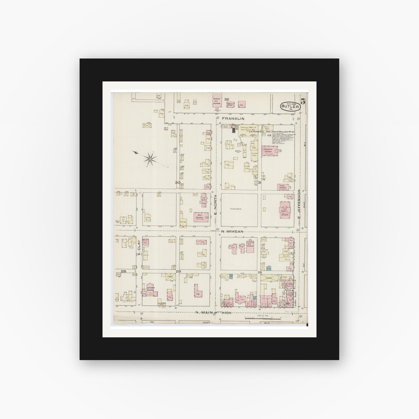 Old map wall art mockup — black gallery frame with white mat — Sanborn Fire Insurance Map from Butler, Butler County, Pennsylvania (1886), Sheet #0005