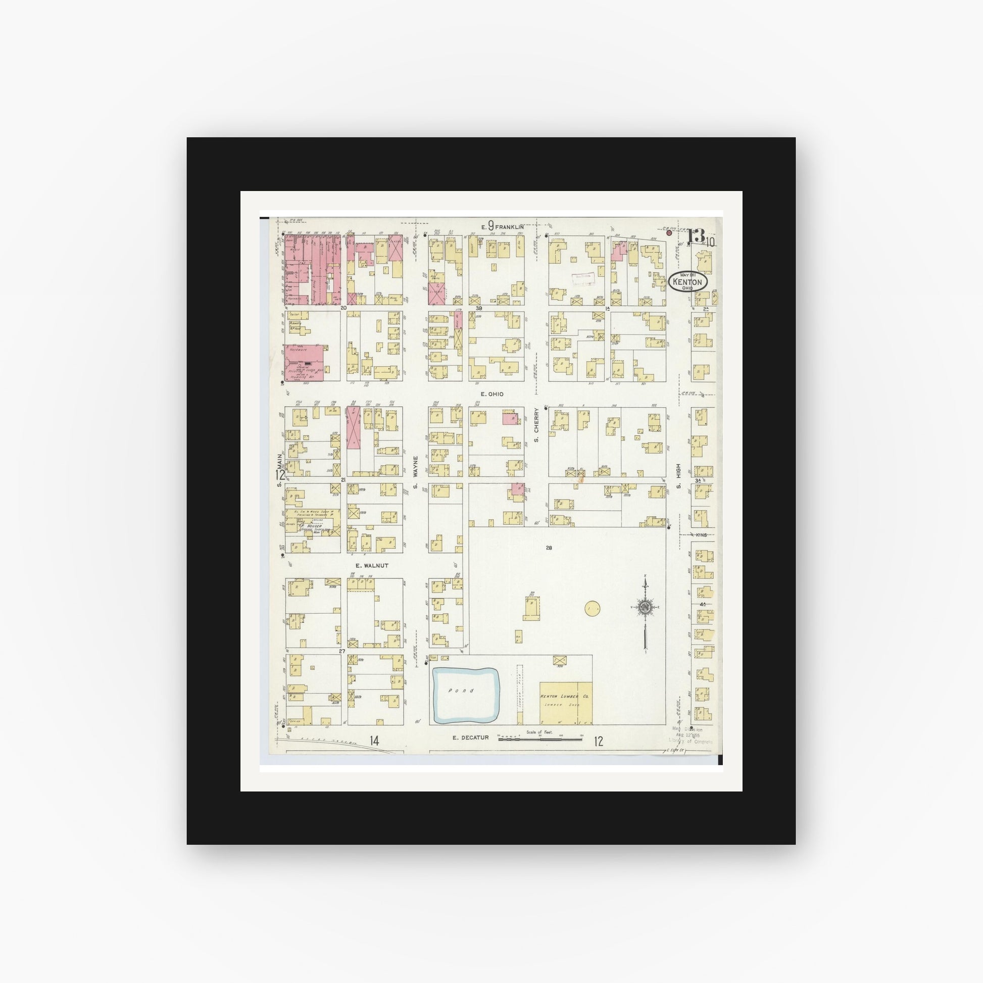 Old map wall art mockup — black gallery frame with white mat — Sanborn Fire Insurance Map from Kenton, Hardin County, Ohio (1911), Sheet #0013
