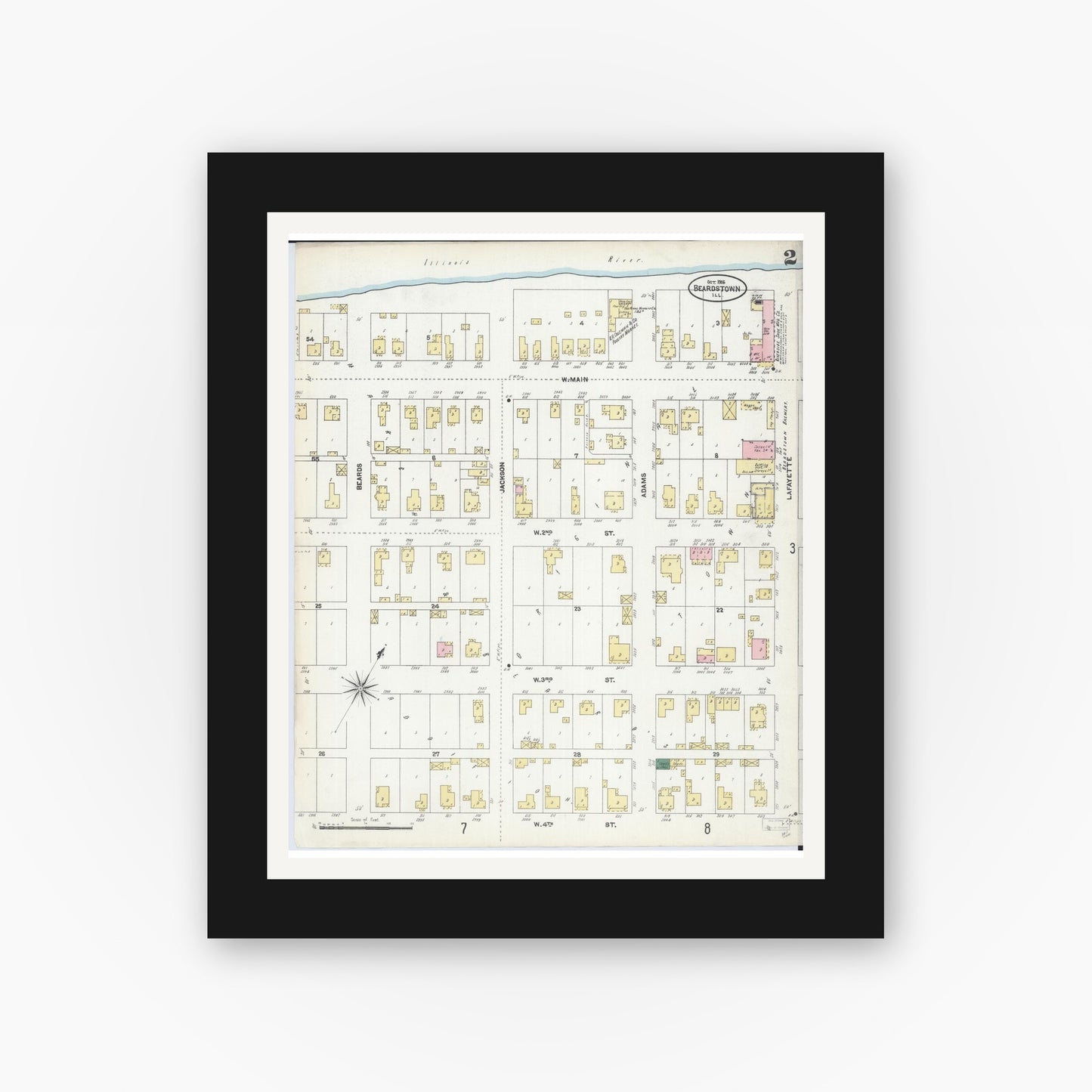 Old map wall art mockup — black gallery frame with white mat — Sanborn Fire Insurance Map from Beardstown, Cass County, Illinois (1906), Sheet #0002