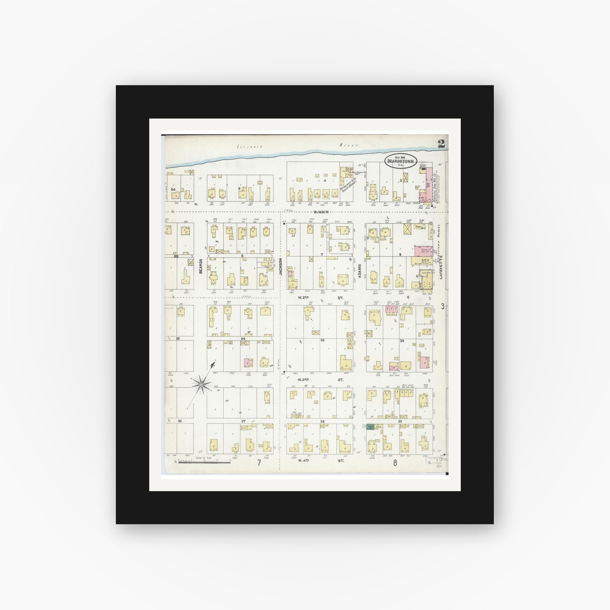 Old map wall art mockup — black gallery frame with white mat — Sanborn Fire Insurance Map from Beardstown, Cass County, Illinois (1906), Sheet #0002