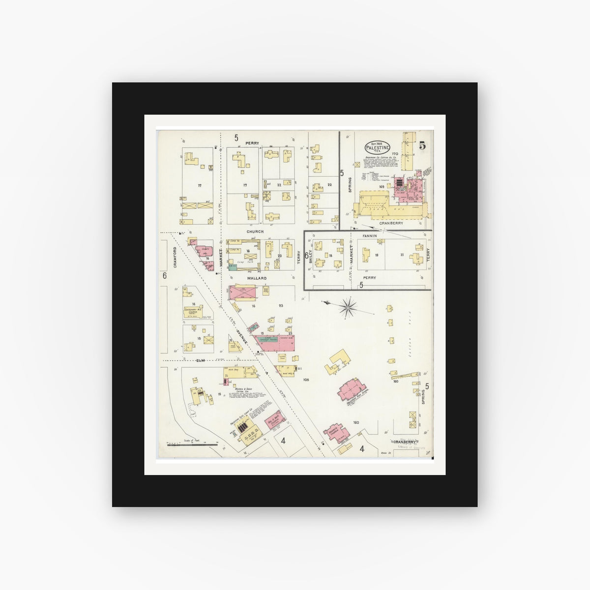 Old map wall art mockup — black gallery frame with white mat — Sanborn Fire Insurance Map from Palestine, Anderson County, Texas (1905), Sheet #0005
