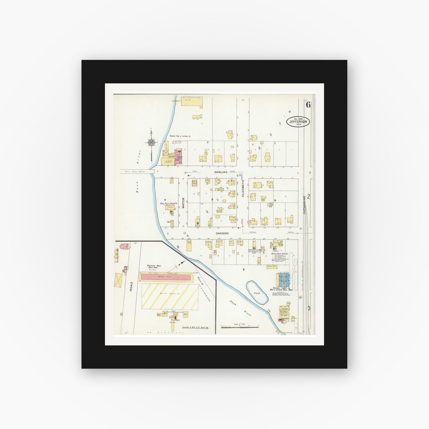 Old map wall art mockup — black gallery frame with white mat — Sanborn Fire Insurance Map from Jefferson, Jefferson County, Wisconsin (1909), Sheet #0006
