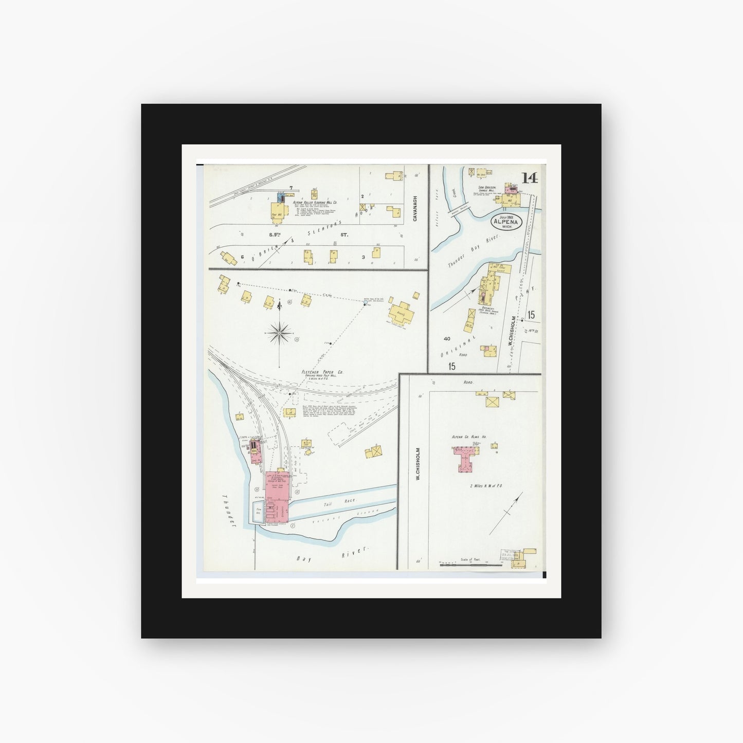 Old map wall art mockup — black gallery frame with white mat — Sanborn Fire Insurance Map from Alpena, Alpena County, Michigan (1901), Sheet #0014