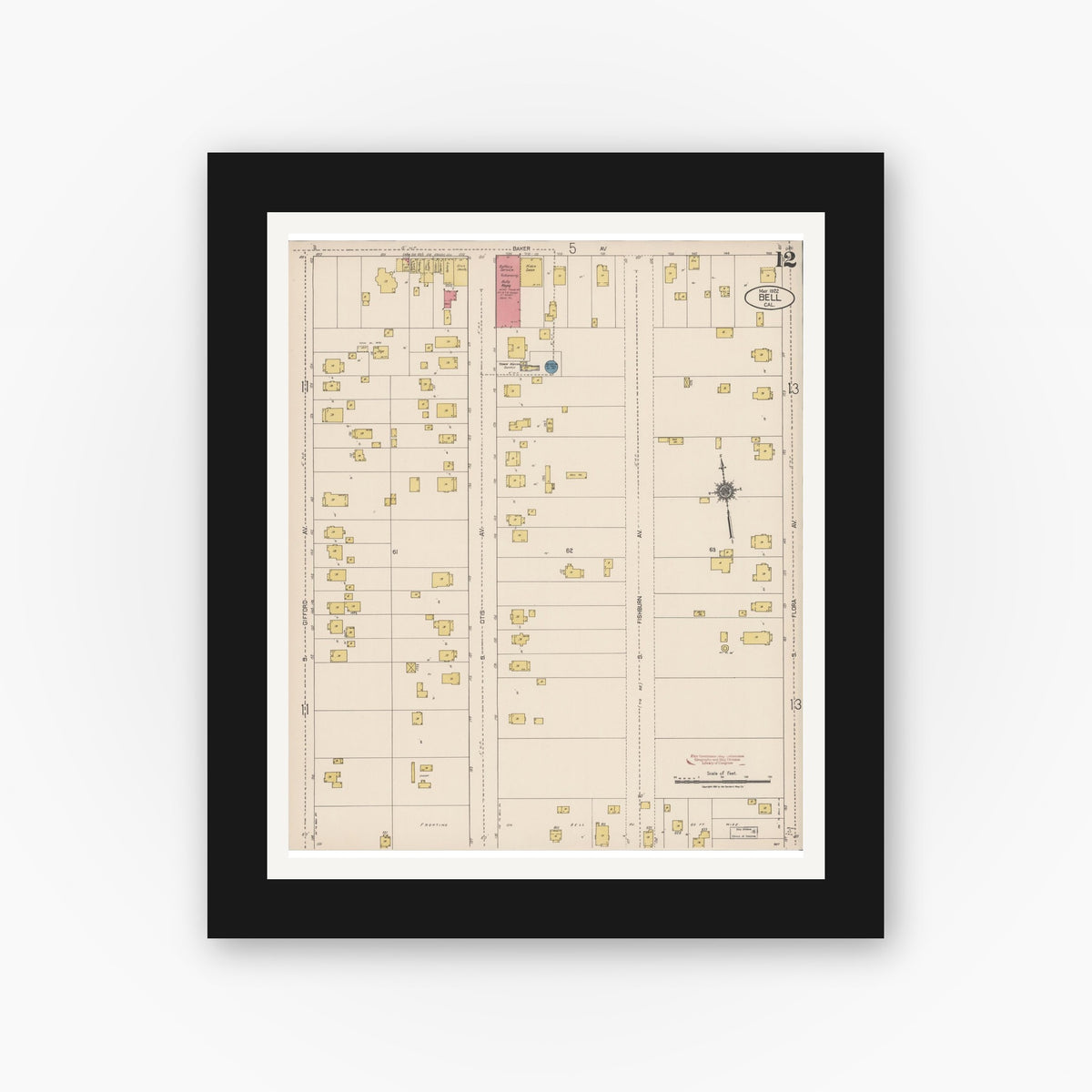 Old map wall art mockup — black gallery frame with white mat — Sanborn Fire Insurance Map from Bell, Los Angeles County, California (1922), Sheet #0012