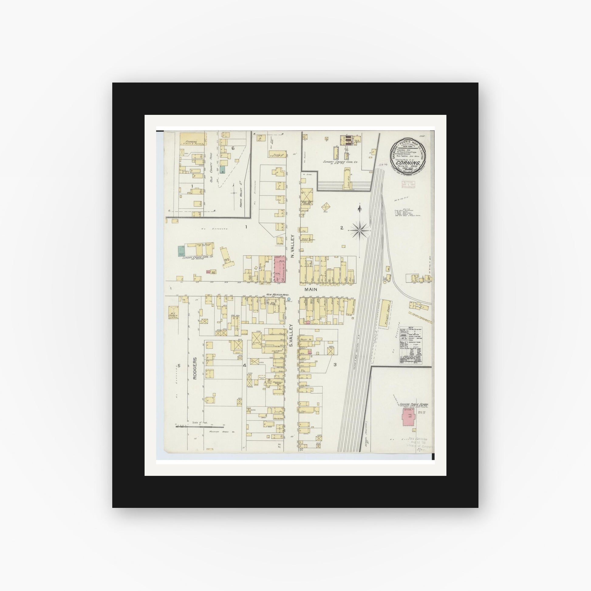 Old map wall art mockup — black gallery frame with white mat — Sanborn Fire Insurance Map from Corning, Perry County, Ohio (1893), Sheet #0001
