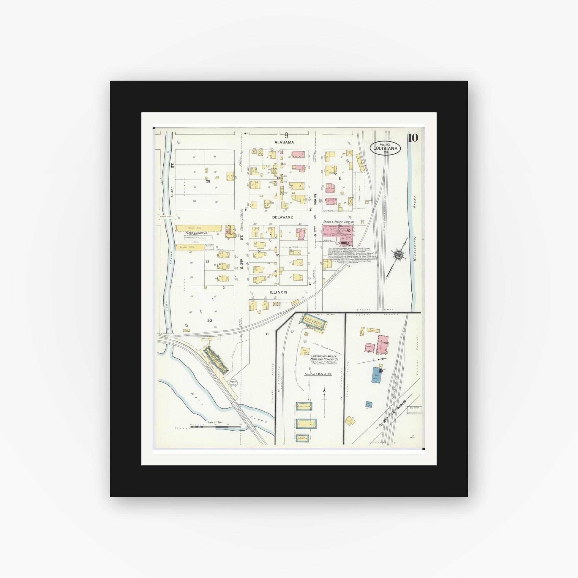 Old map wall art mockup — black gallery frame with white mat — Sanborn Fire Insurance Map from Louisiana, Pike County, Missouri (1909), Sheet #0010