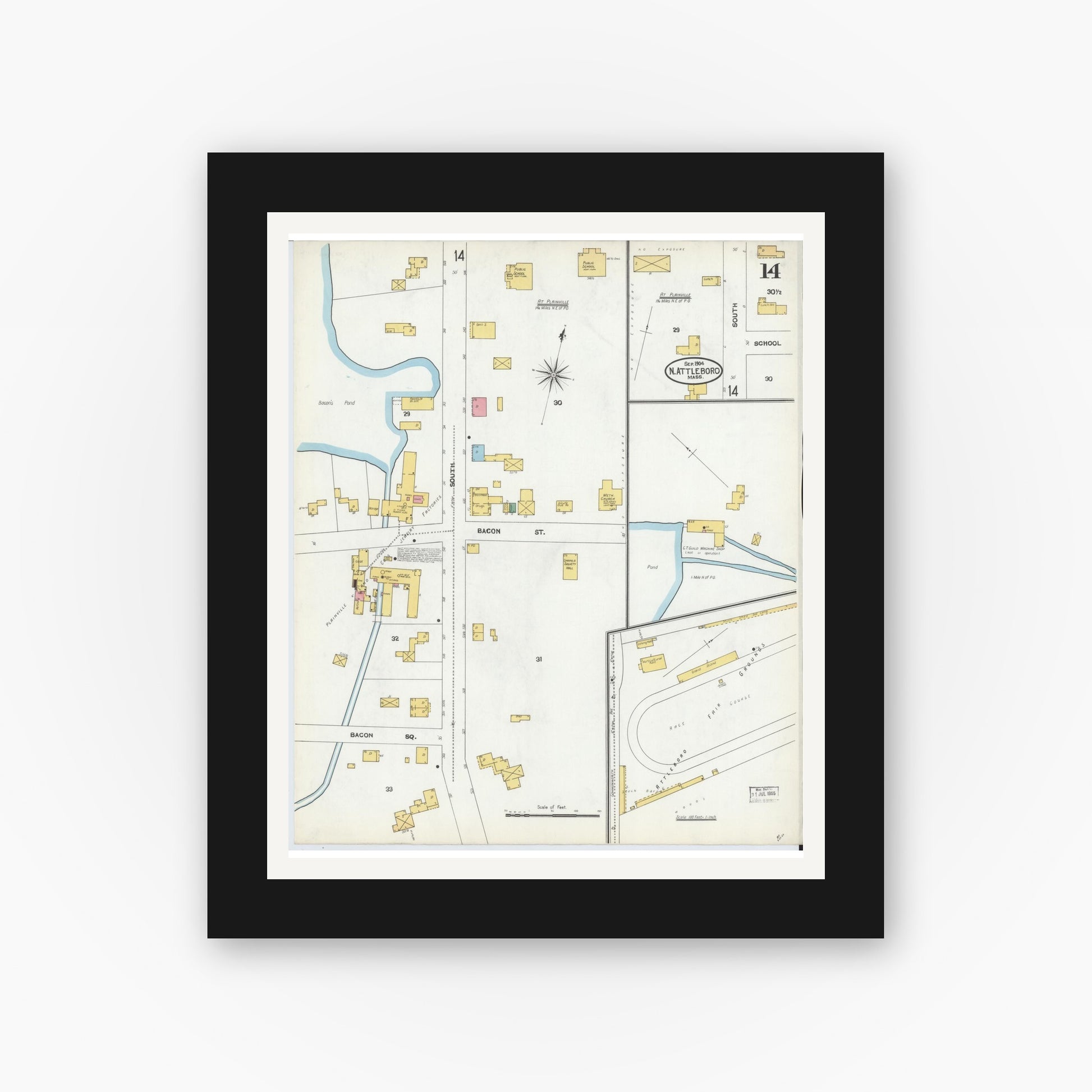 Old map wall art mockup — black gallery frame with white mat — Sanborn Fire Insurance Map from North Attleborough, Bristol County, Massachusetts (1904), Sheet #0014