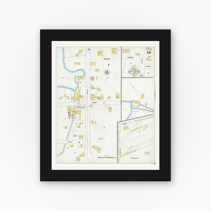 Old map wall art mockup — black gallery frame with white mat — Sanborn Fire Insurance Map from North Attleborough, Bristol County, Massachusetts (1904), Sheet #0014