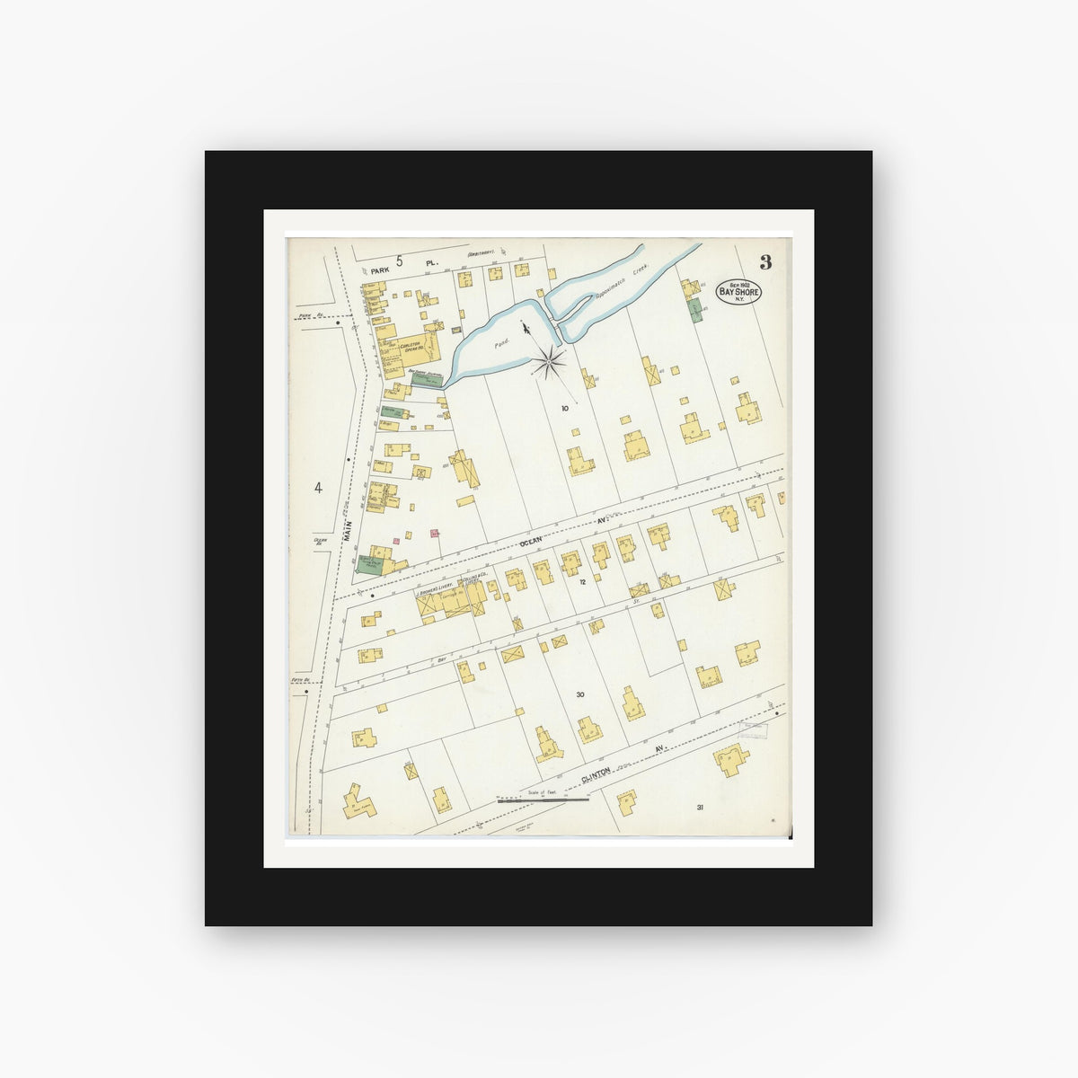 Old map wall art mockup — black gallery frame with white mat — Sanborn Fire Insurance Map from Bay Shore, Suffolk County, New York (1902), Sheet #0003