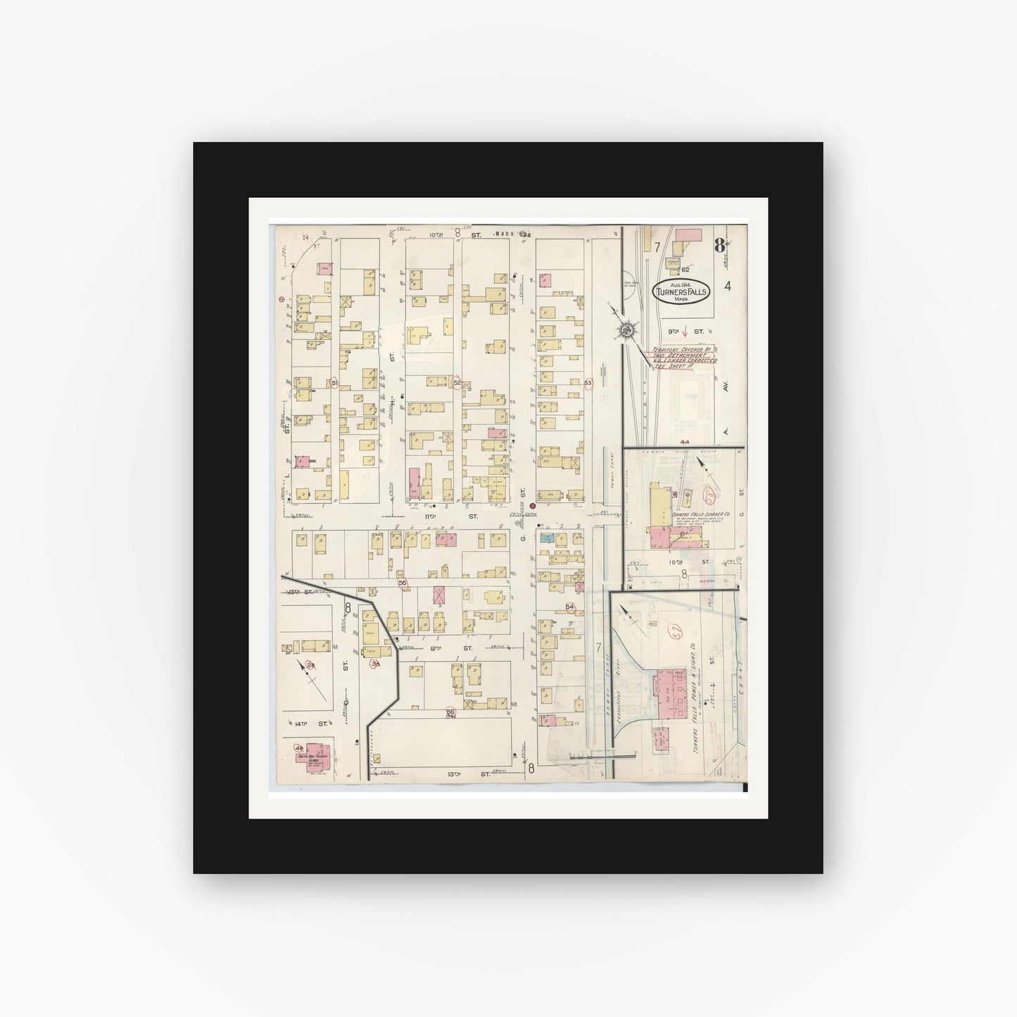 Old map wall art mockup — black gallery frame with white mat — Sanborn Fire Insurance Map from Turners Falls, Franklin County, Massachusetts (1940), Sheet #0008