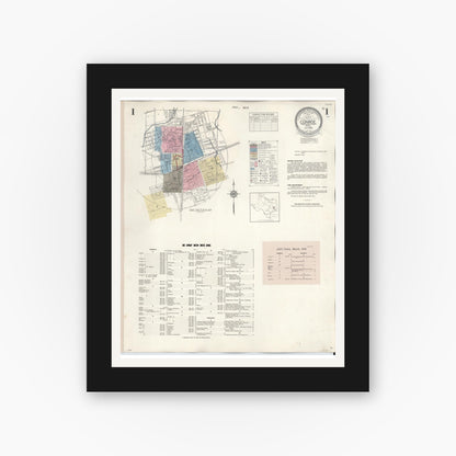Old map wall art mockup — black gallery frame with white mat — Sanborn Fire Insurance Map from Conroe, Montgomery County, Texas (1943), Sheet #0001