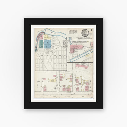 Old map wall art mockup — black gallery frame with white mat — Sanborn Fire Insurance Map from Turners Falls, Franklin County, Massachusetts (1884), Sheet #0001