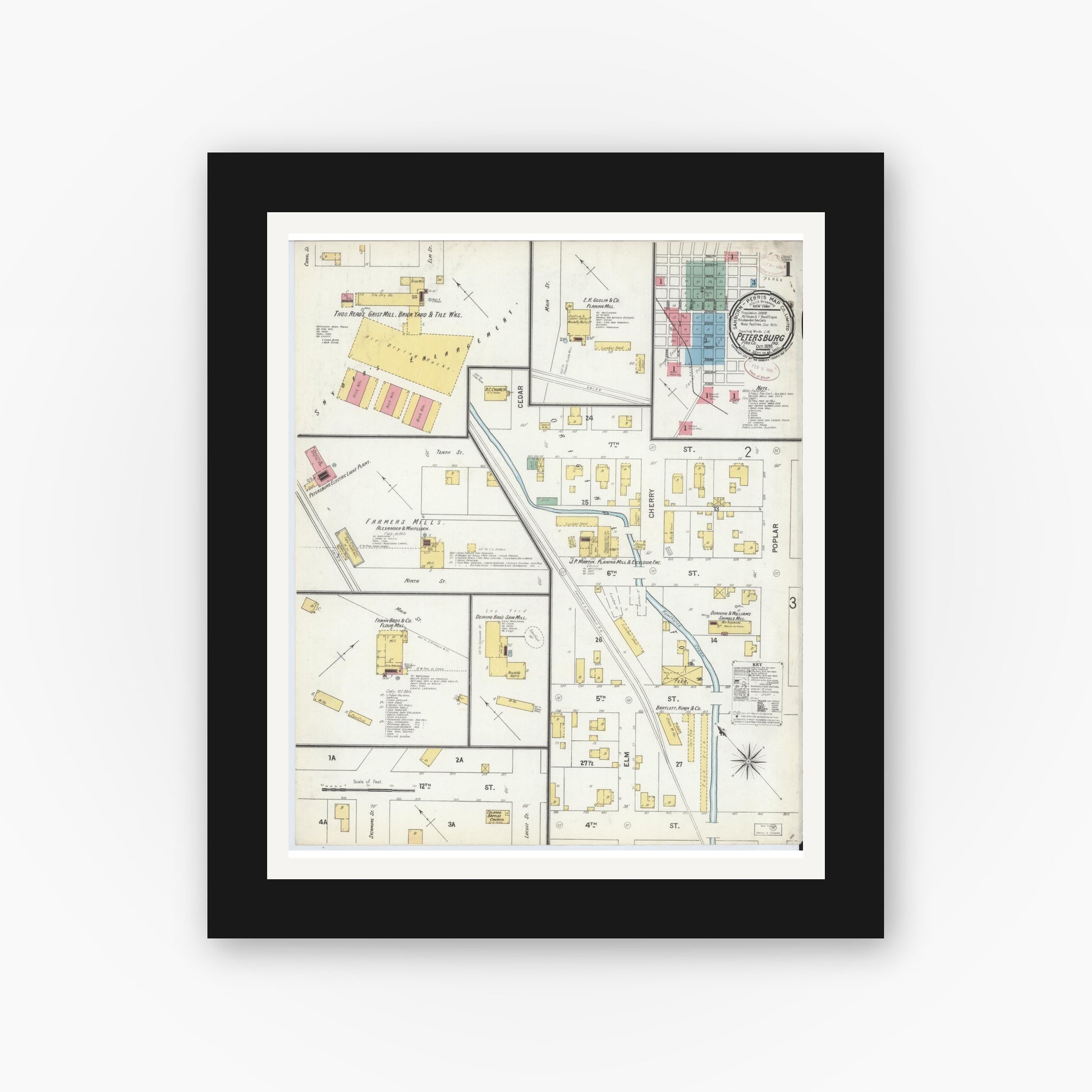 Old map wall art mockup — black gallery frame with white mat — Sanborn Fire Insurance Map from Petersburg, Pike County, Indiana (1899) - Complete Map Set