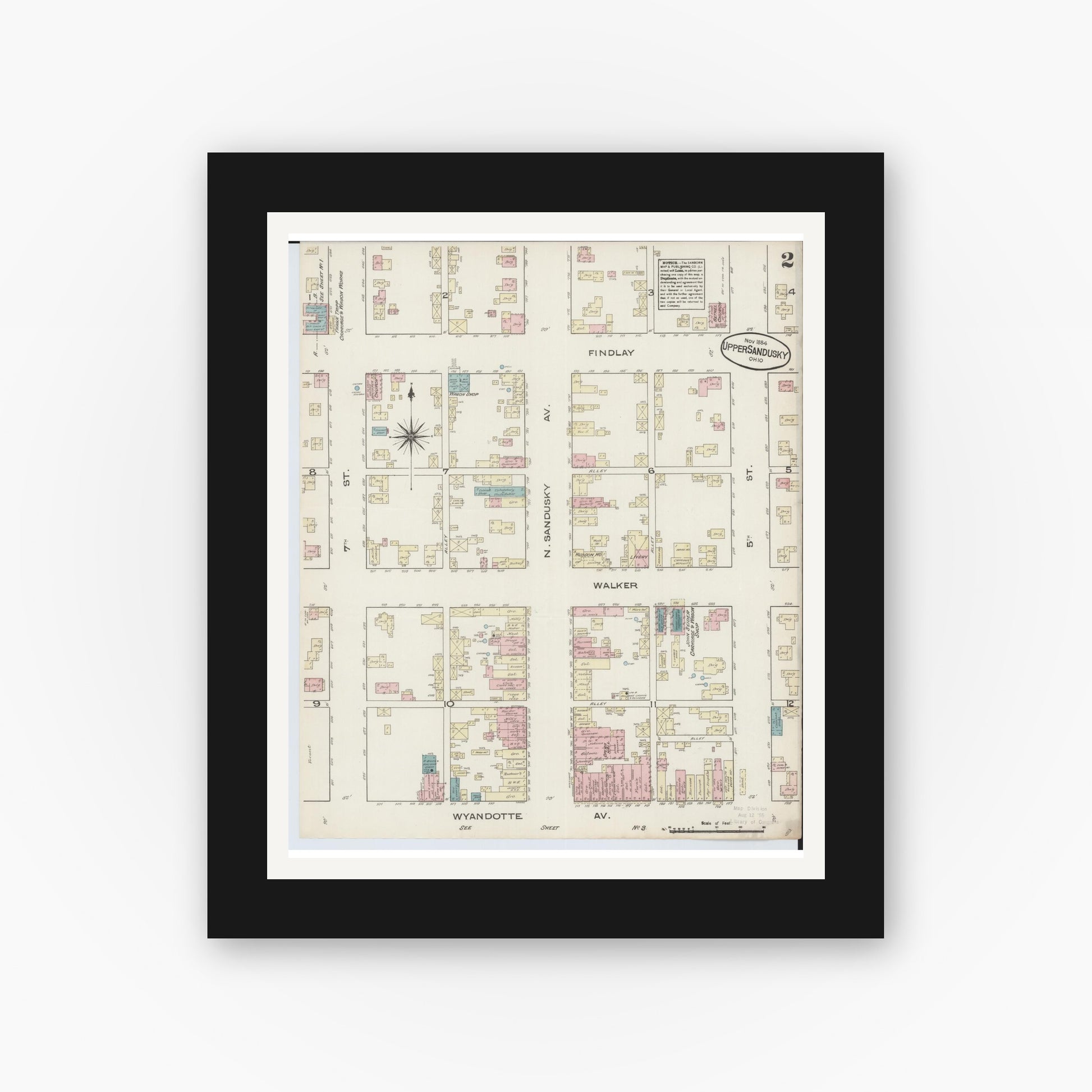 Old map wall art mockup — black gallery frame with white mat — Sanborn Fire Insurance Map from Upper Sandusky, Wyandot County, Ohio (1884), Sheet #0002