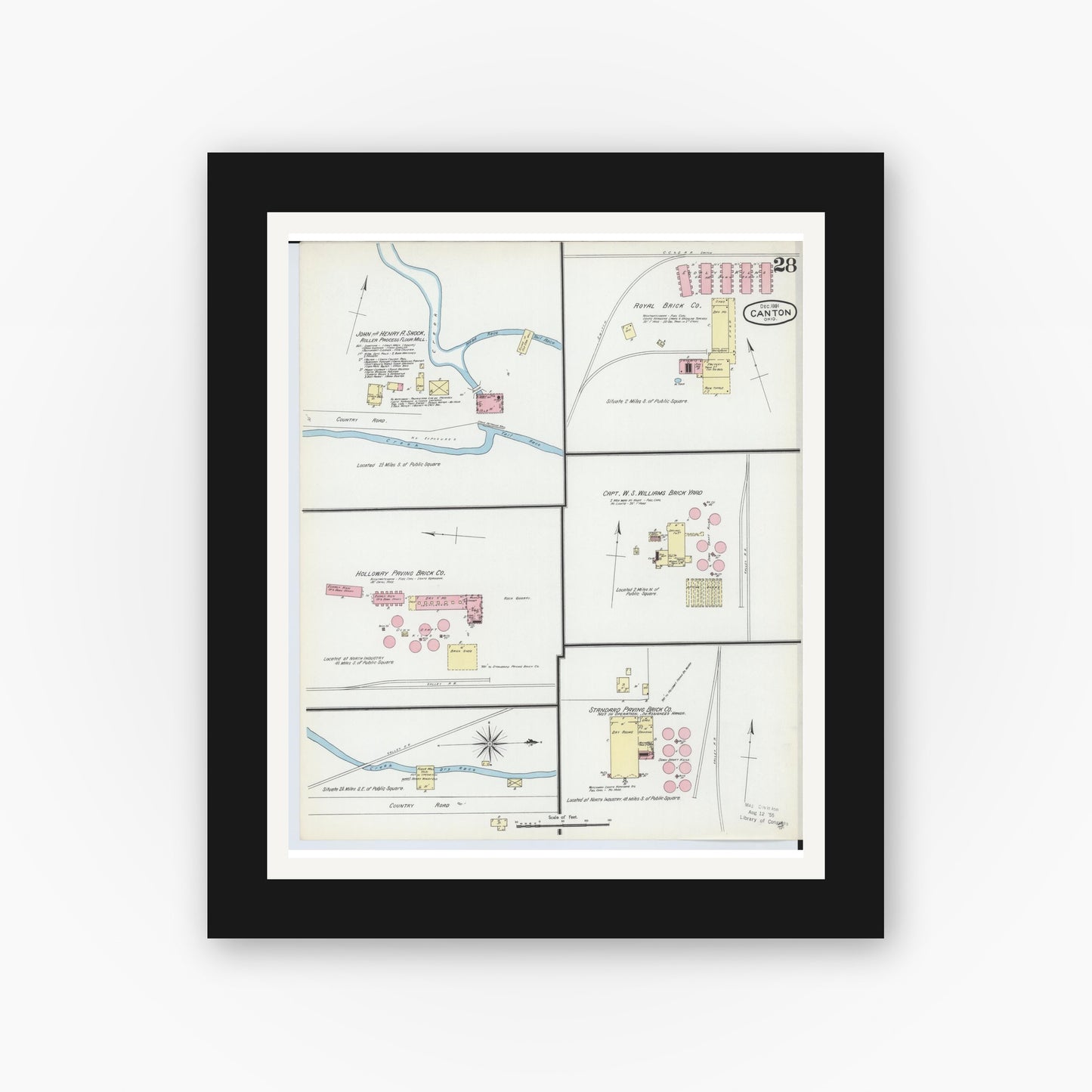 Old map wall art mockup — black gallery frame with white mat — Sanborn Fire Insurance Map from Canton, Stark County, Ohio (1891), Sheet #0028