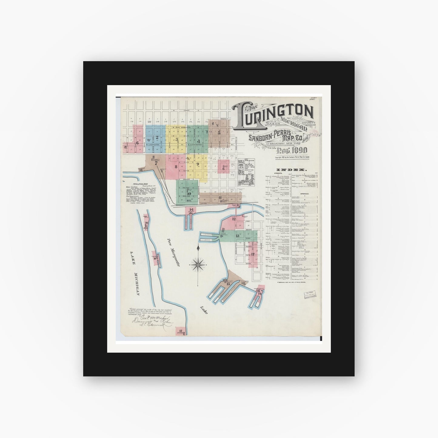 Old map wall art mockup — black gallery frame with white mat — Sanborn Fire Insurance Map from Ludington, Mason County, Michigan (1890) - Complete Map Set