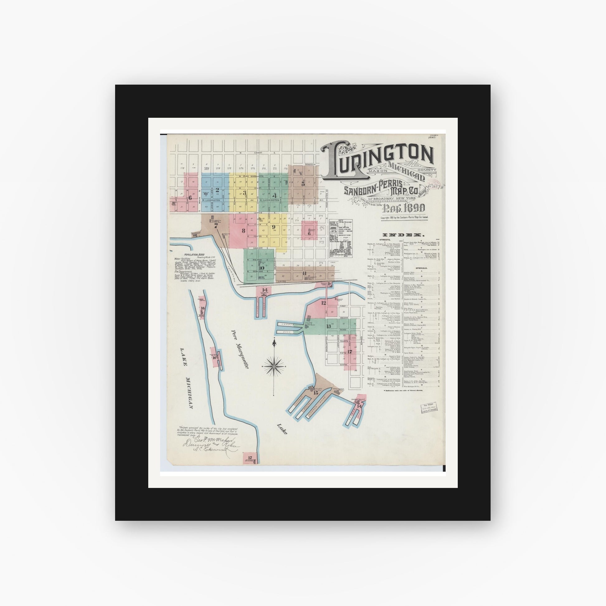 Old map wall art mockup — black gallery frame with white mat — Sanborn Fire Insurance Map from Ludington, Mason County, Michigan (1890) - Complete Map Set